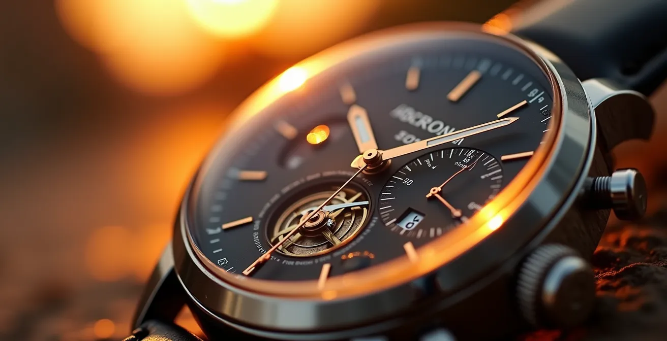 Détail macro d'une montre-bracelet avec reflets dorés du soleil couchant