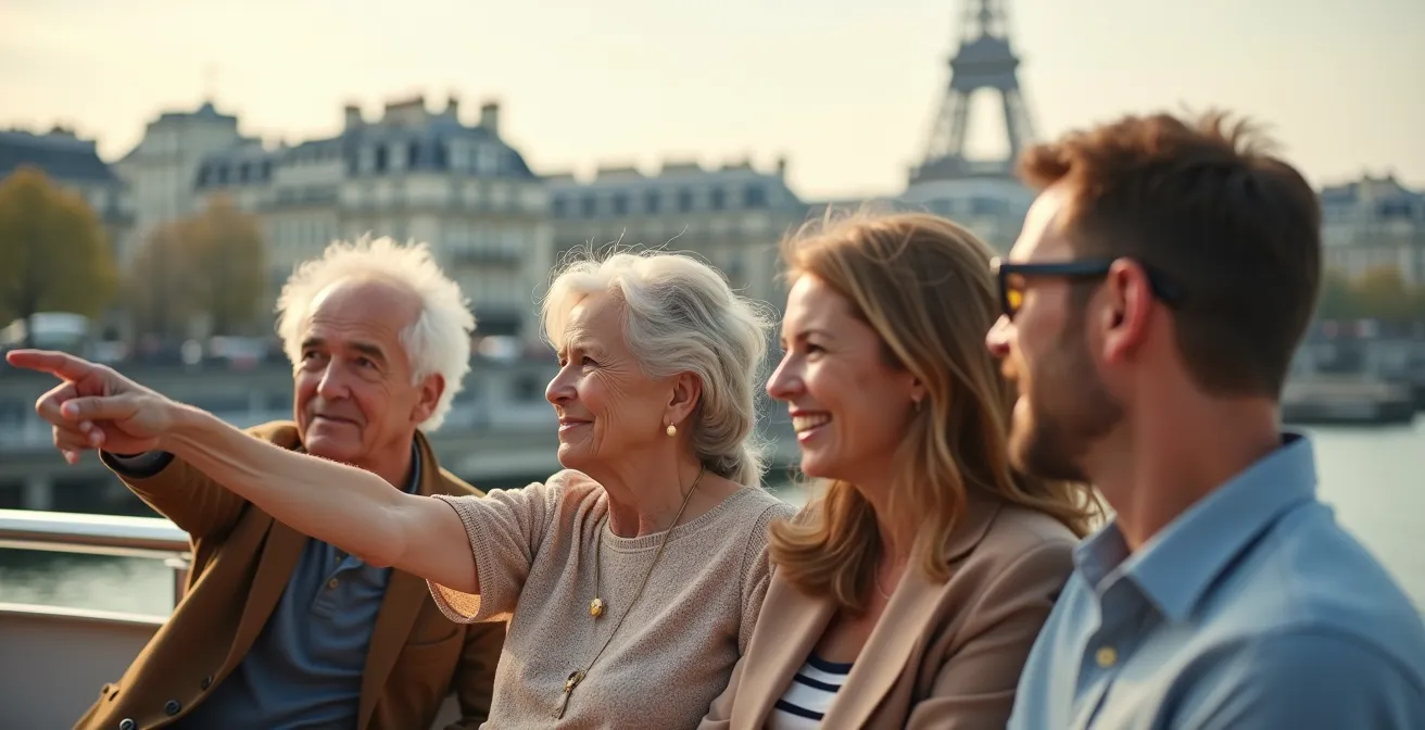 Famille multigénérationnelle sur le pont supérieur d'un bus touristique